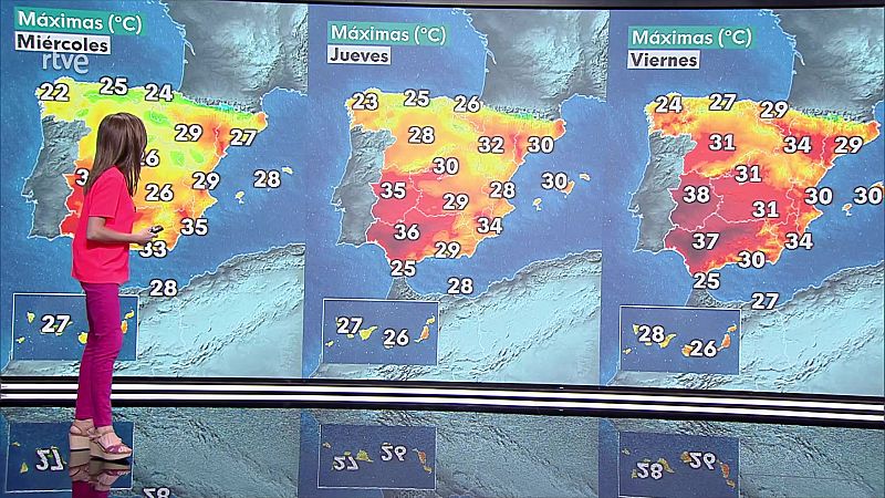 Temperaturas máximas con pocos cambios o ligeros descensos en el área mediterránea, sistema Ibérico, Cantábrico oriental y con ligeros descensos en el resto - ver ahora