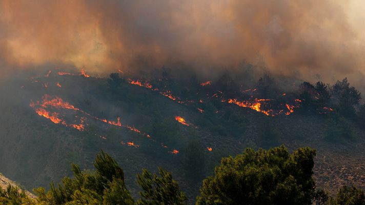 Telediario 1 - Un ganadero desaparecido y 3.000 turistas evacuados de Corfú en el tercer día de incendios en Grecia