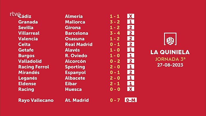 Loterías - Sorteo de la Quiniela del 29/08/2023 - Jornada 3