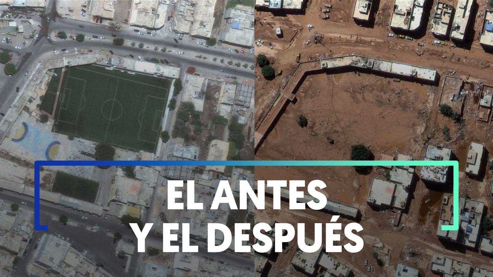 Carreteras, puentes y campos de fútbol desaparecidos en la ciudad libia de Derna