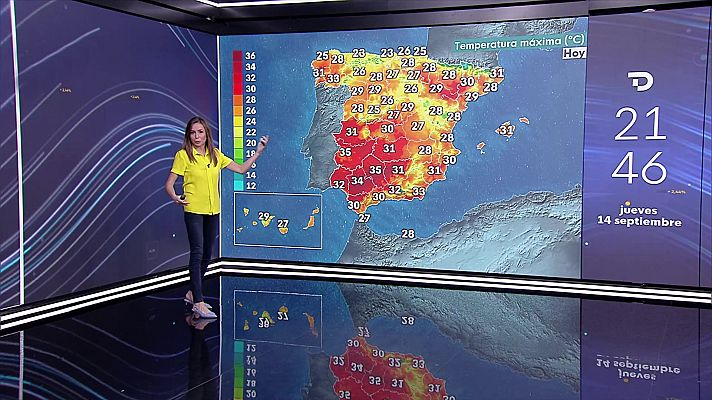 En la mitad sur, Pirineos e Ibérica oriental se prevén chubascos y tormentas, que pueden ser localmente fuertes que se extenderán a la zona centro al final del día