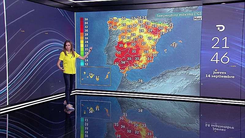 En la mitad sur, Pirineos e Ibérica oriental se prevén chubascos y tormentas, que pueden ser localmente fuertes que se extenderán a la zona centro al final del día - ver ahora