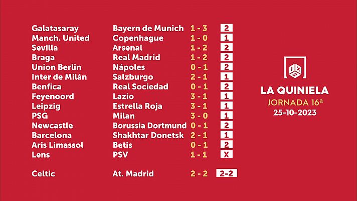 Loterías - Sorteo de la Quiniela del 27/10/2023 - Jornada 16