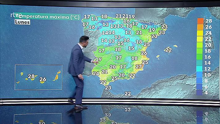 Precipitaciones localmente fuertes o persistentes en la mitad sur de Galicia, noroeste de Castilla y León, oeste del sistema Central, Pirineo central, sur de Extremadura y oeste de Andalucía