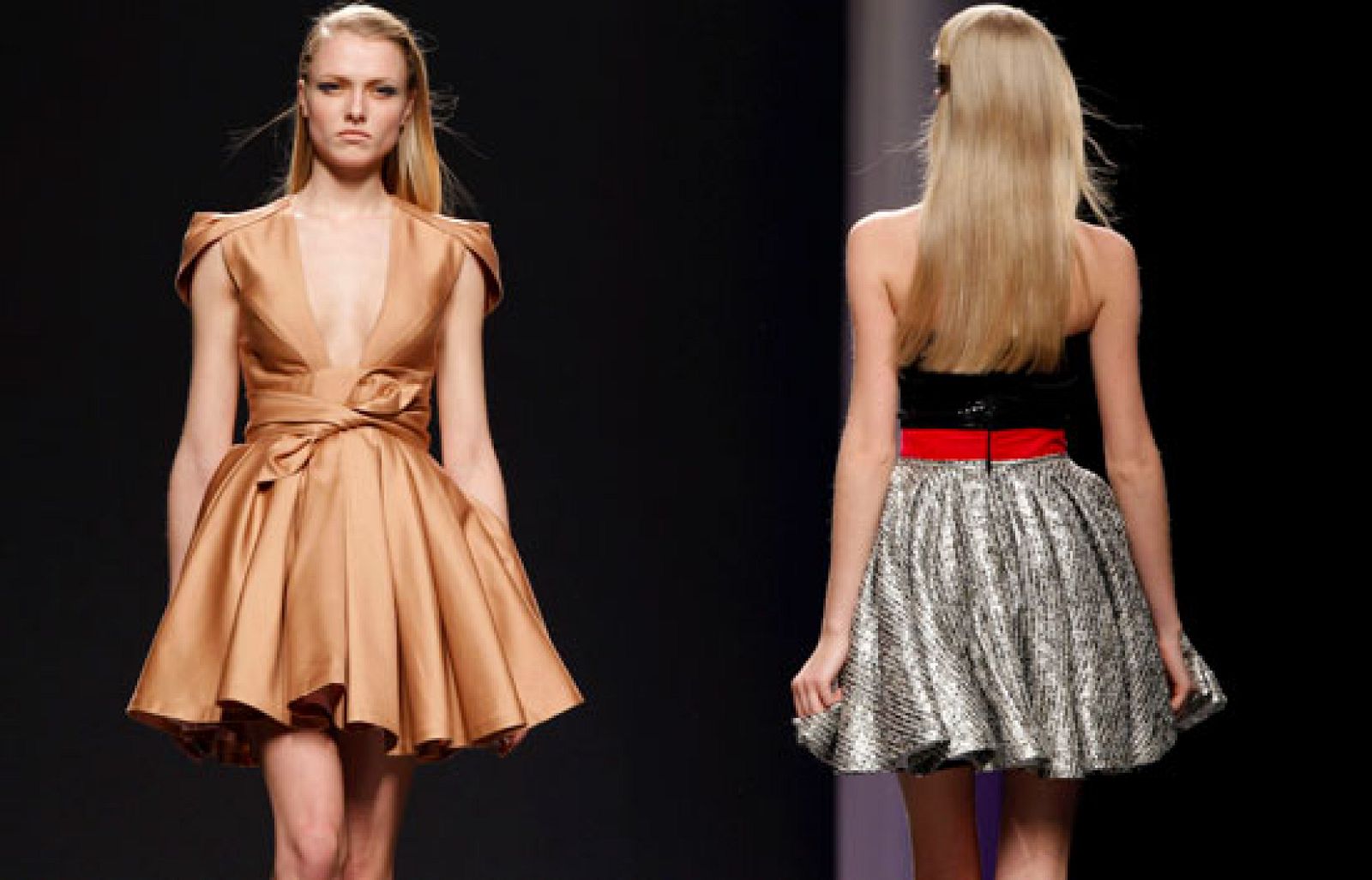 Miriam Ocariz se mueve en la contradicción y combina el futurismo geométrico con una ingenuidad propia de Caperucita para una colección delicada a la vez que agresiva. Y lo hace de forma brillante con la superposición de prendas y tejidos. Así, hay vestidos y faldas fruncidas con vuelo en lanas y en baquilla mezclada con lurex para conseguir el aspecto "chanel". Pero también vestidos muy ceñidos de punto que describen líneas con lentejuelas o retales de gasa estampados en tonos oscuros y con matices cereza, azul y verde. 21/02/10.