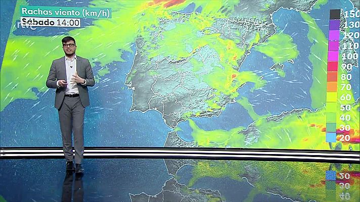 Ascenso localmente notable de las máximas en puntos de la Cantábrica y Pirineos. Precipitaciones persistentes en el oeste de Galicia