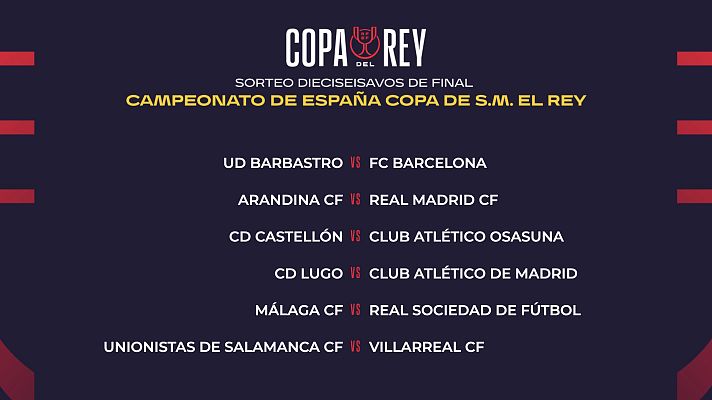 Copa del Rey - Sorteo Copa del Rey | Barbastro-Barcelona, Arandina-Real Madrid y Lugo-Atlético de Madrid, duelos de dieciseisavos