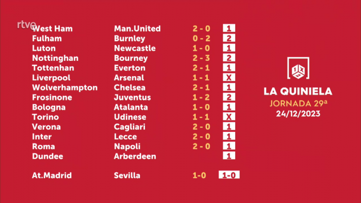 Sorteo de la Quiniela del 26/12/2023 - Jornada 29