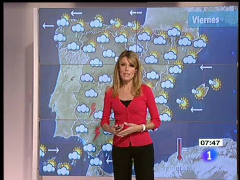  Cielos nubosos en gran parte de la península, con precipitaciones más intensas en Andalucía occidental y en Extremadura, donde podrán ir acompañadas de tormentas.  