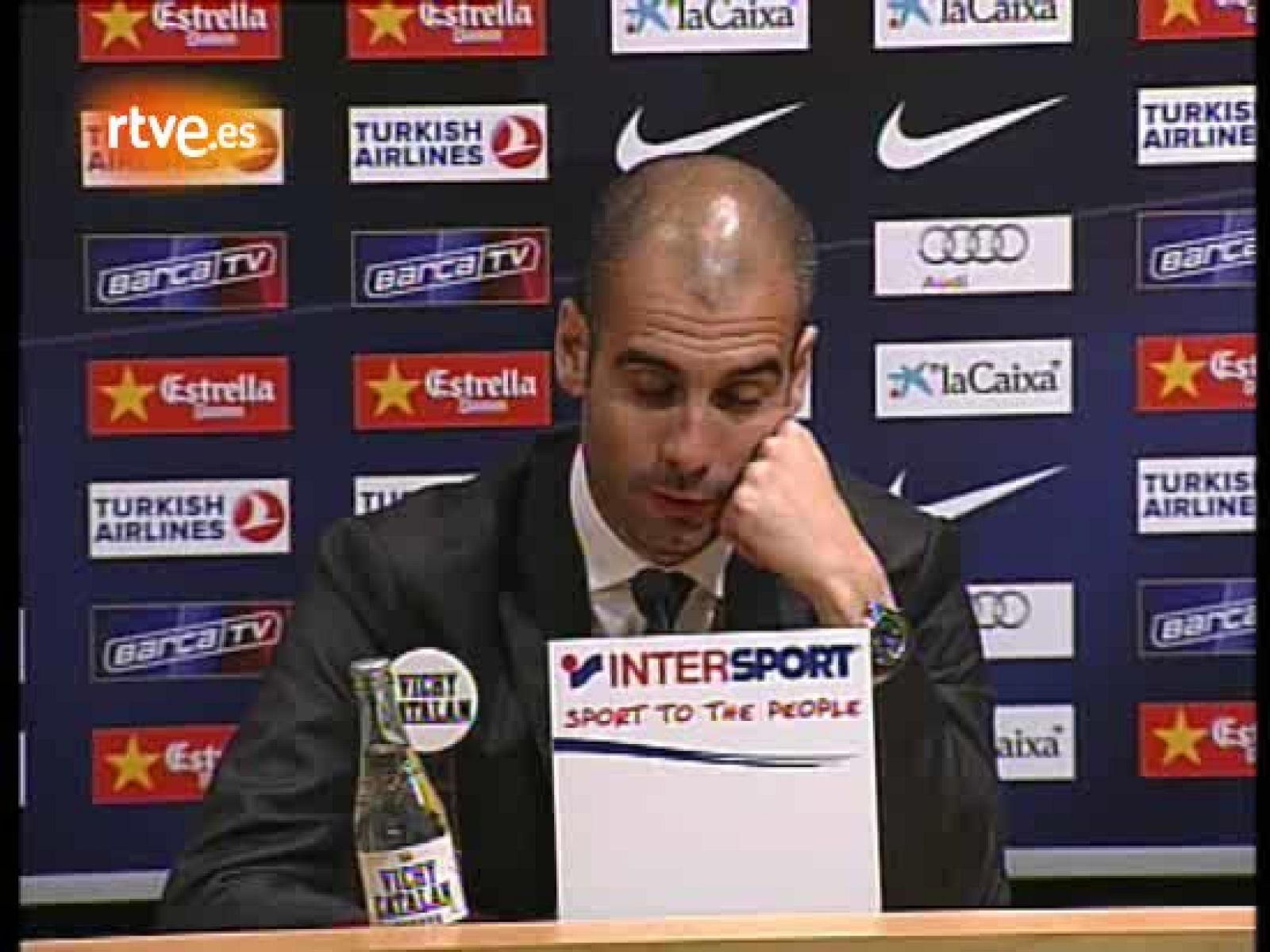 El entrenador del F.C. Barcelona, Josep Guardiola, analiza la victoria de su eqipo ante el Xerez por 3-1 y su próximo compromiso ante el Inter de Milan en la vuelta de las semifinales de la Liga de Campeones. 