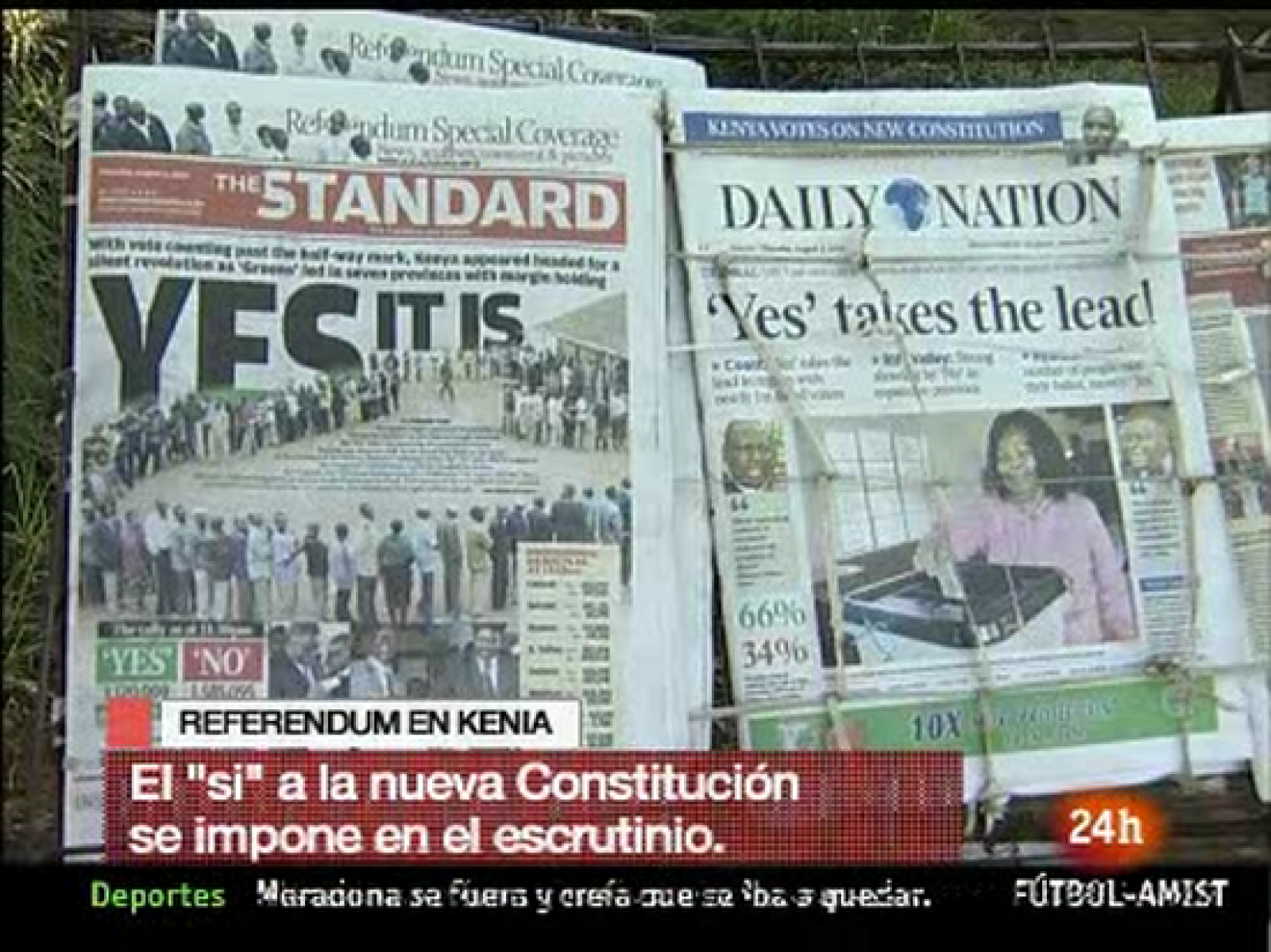 Don el 75% de los votos escrutados, kenia dice 'sí' a la reforma constitucional que supone romper con la anterior que data de 1963, cuando el país se independizó de Reino Unido. Esto abre una nueva etapa para el país. Por su parte, los partidarios del 'no' siembran sus dudas sobre el recuento de los votos aunque las autoridades afirman que el referéndum mucho más transparente que en pasados comicios. (05/08/10)
