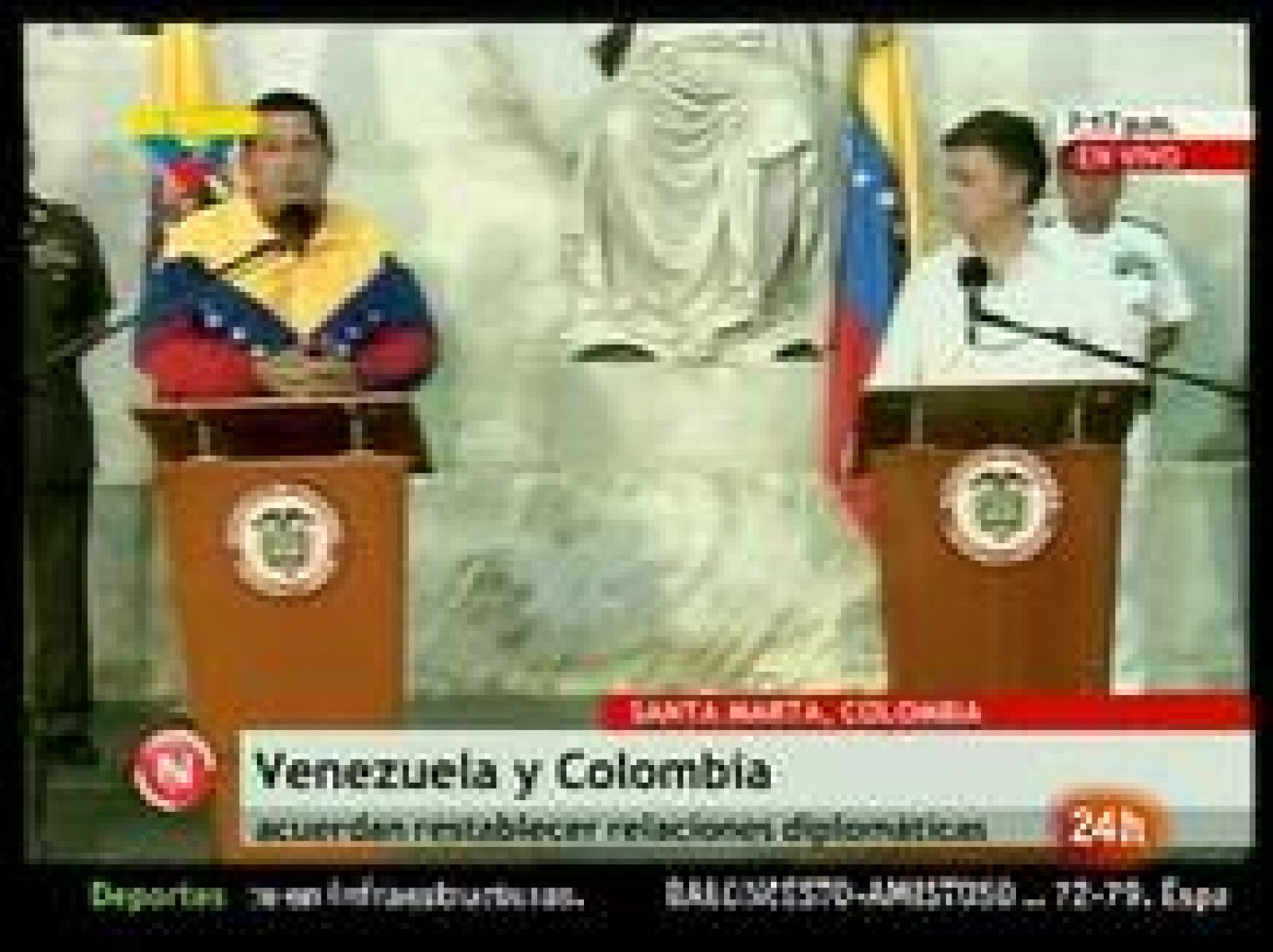  Los presidentes de Venezuela, Hugo Chávez, y de Colombia, Juan Manuel Santos, han anunciado este miércoles el restablecimiento de las relaciones diplomáticas entre los dos países, rotas el pasado 22 de julio y tras más de un año congeladas.