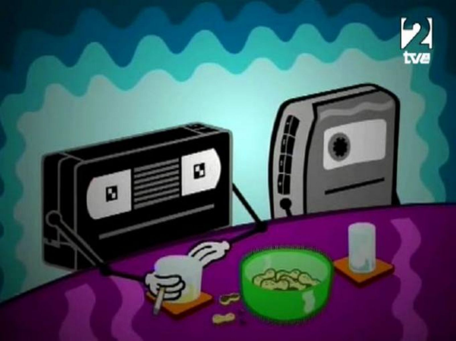 Una cinta VHS charla en un bar con un walkman, recordando tiempos mejores