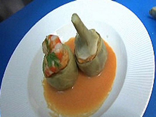 Alcachofas rellenas de langostinos