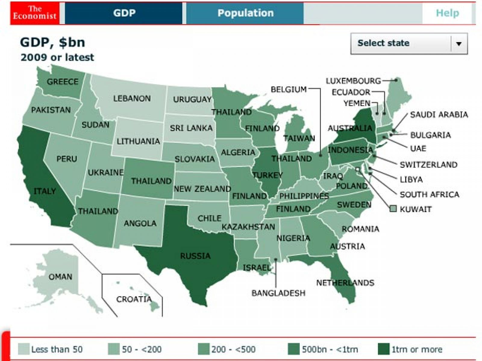 The Economist compara la riqueza de cada estado de EE.UU. con países con un PIB similar | Ver